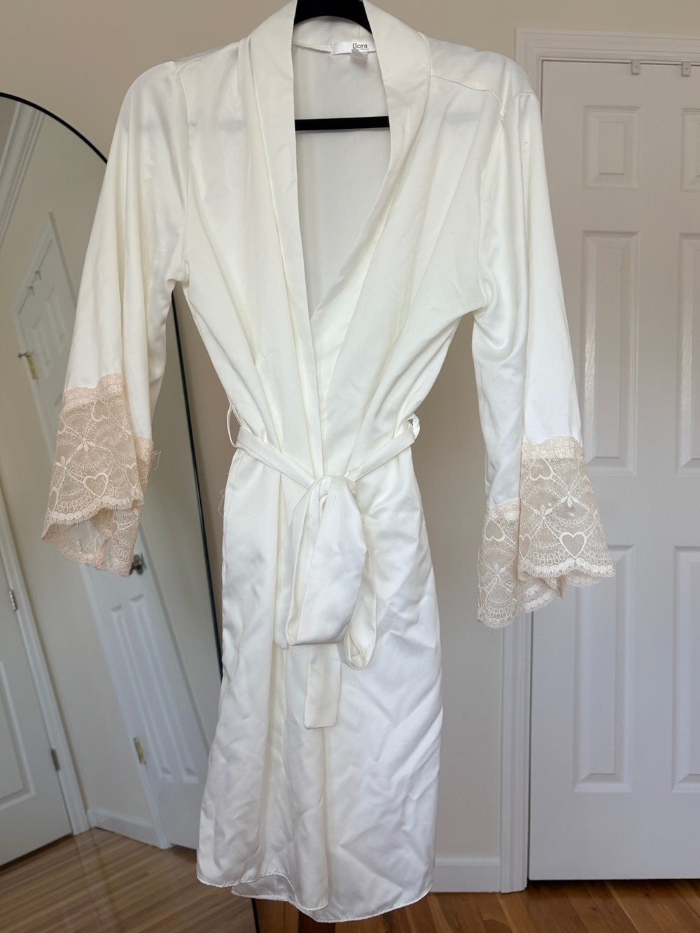 Flora Nikrooz Ivory Satin Robe with Blush Lace Trimmed Bell Sleeves